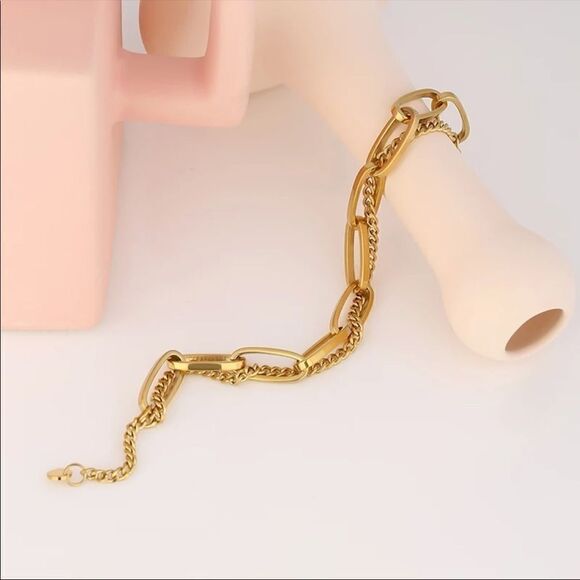 #34B NEW 18K Gold Plated Chunky Double Chain Bracelet - Picture 2 of 7